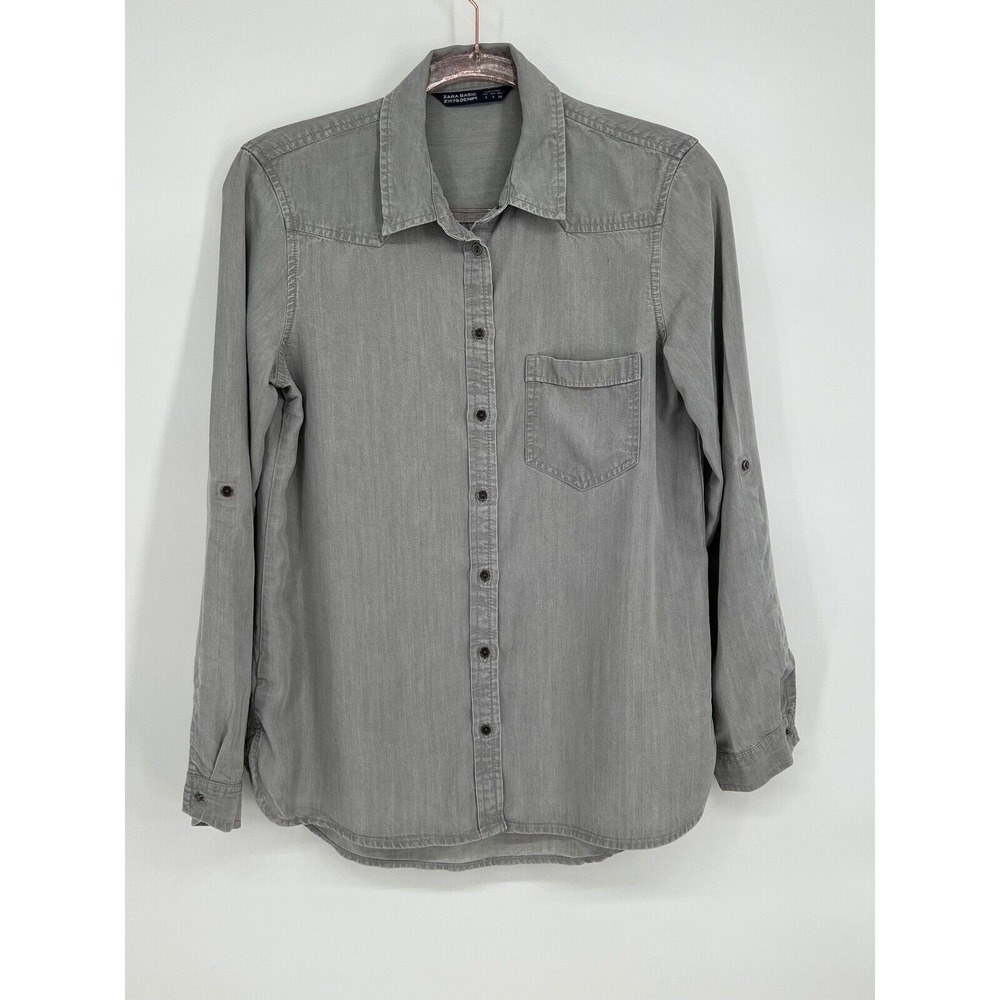 Zara Basic Denim Shirt Gray Long Sleeve Button Down Relaxed Fit Small